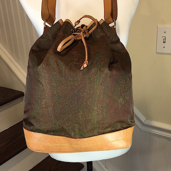 W ETRO Milano Red Paisley Nylon Vachetta Leather Drawstring Bucket Shoulder Bag - Picture 17 of 17